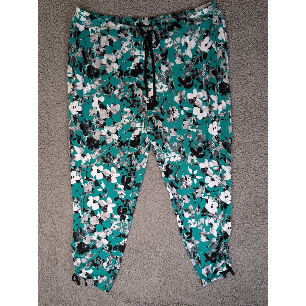 Cuddl Duds Women's Pajama Pants Ruched Sides Green Floral Size 2X Soft Cozy